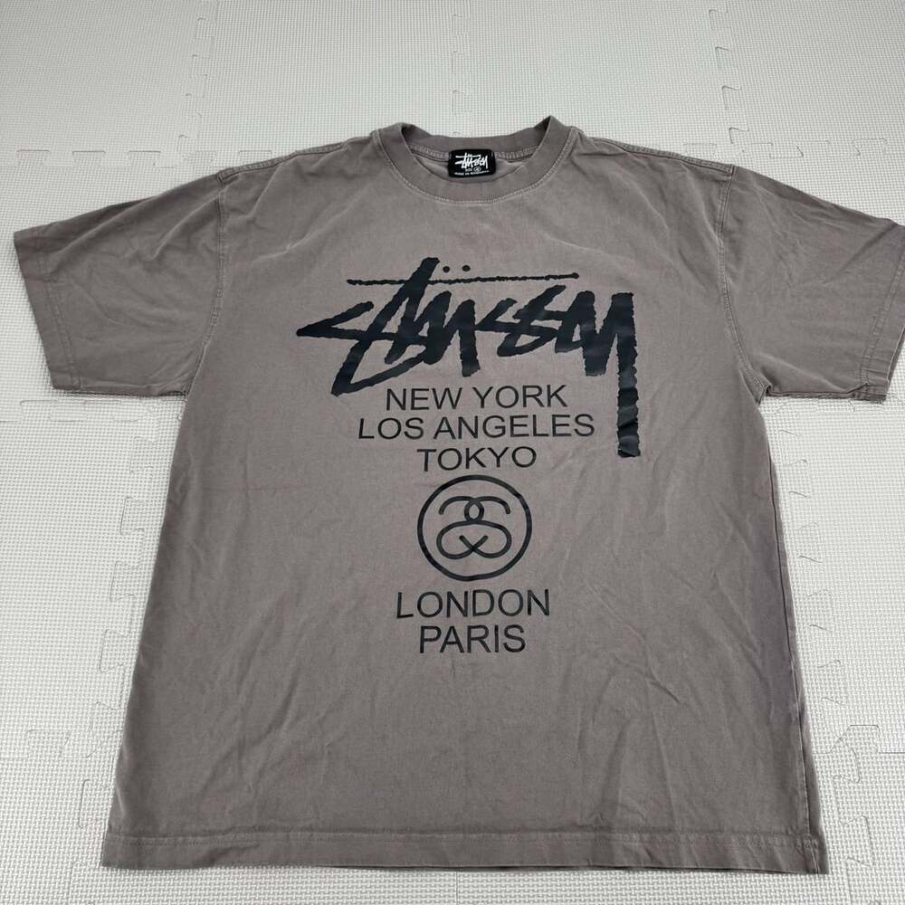 Stussy World Tour Graphic T-Shirt Size M Grey Short Sleeve